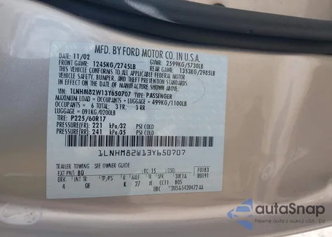 2003 Lincoln Town Car Signature z USA, uszkodzony, nr VIN 1LNHM82W13Y650707